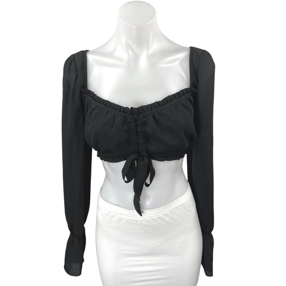 Tiger Mist Black Long Sleeve Ruffle Ruched Tie Back Blouse Crop Top Size M
